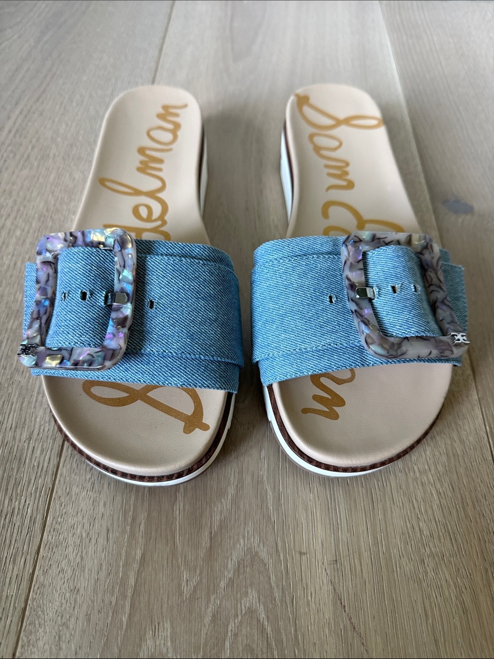 Sam Edelman Light Blue Denim Buckle Slide Mules